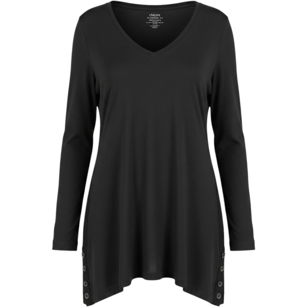 Chico's Ultimate Tee Size 2/L Black V Neck 3/4 Sleeve Button Side Stretch Top
